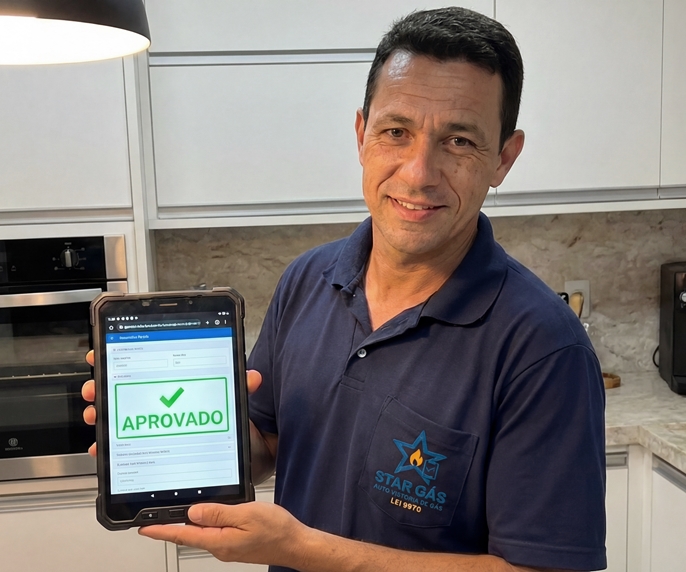 Engenheira brasileira da Star Gás com tablet em cozinha residencial